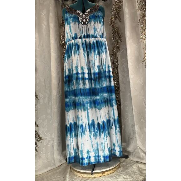 Lane Bryant Blue White Beaded Maxi Dress | Plus Size 22 | Boho Beach Resort Vibe - Picture 11 of 15